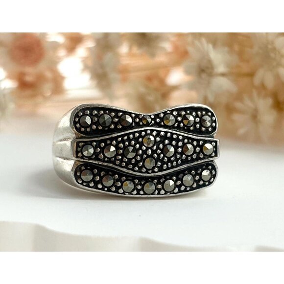 vintage Jewelry - Art Deco Marcasite Multi Gemstone Ribbed Shank Vintage Ring - sz 9